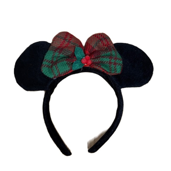 Disney Minnie Mouse Plaid Bow Mouse Ears Headband Holly Leaf Christmas Red Green - Picture 1 of 3
